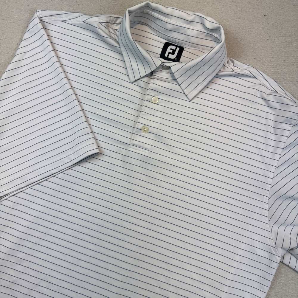 FootJoy Large Polo Shirt Mens White Navy Blue Striped Performance Stretch